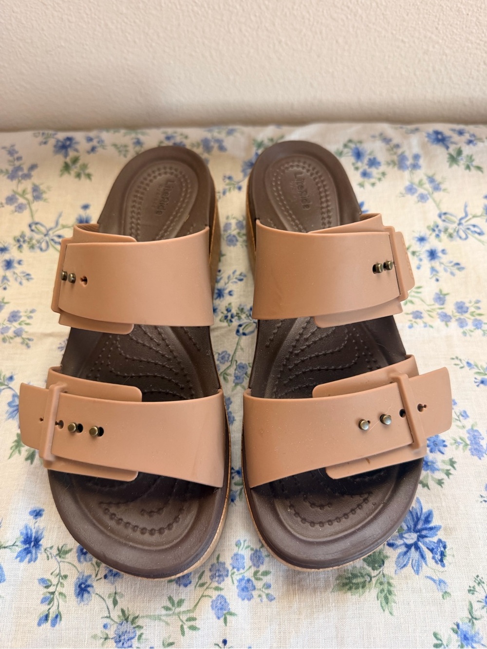 CROCS Two-Strap Brown and Tan Slide Sandals